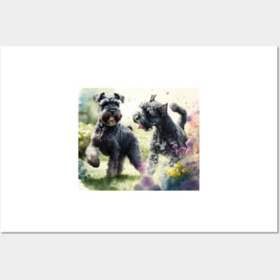 Two Black Miniature Schnauzers Playing Watercolour Painting Posters and Art